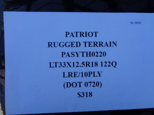 1 NEW  PATRIOT RUGGED TERRAIN  LT 33 12.5 18 122Q LRE TIRE PASYTH0220 SU16