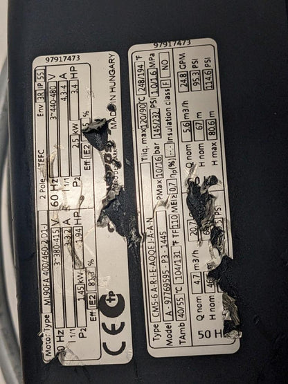 GRUNDFOS ML90FA 400/460-2 D1-J 50/60hz 3HP MOTOR PUMP BSRG6