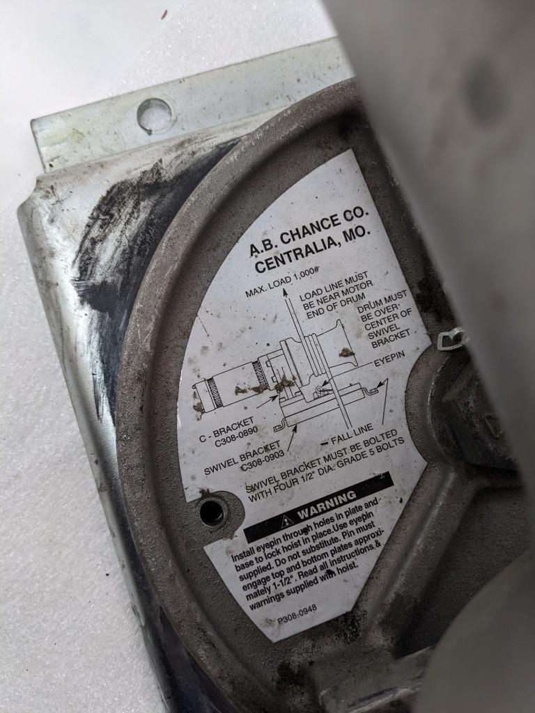 AB CHANCE C308-1170 CAPSTAN HOIST 1000 LB CAPACITY WITH SWIVEL BASE 115V USED H1