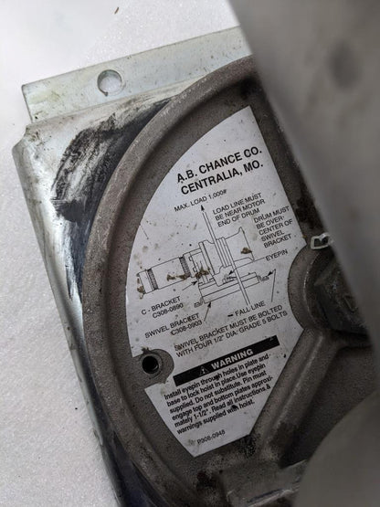 AB CHANCE C308-1170 CAPSTAN HOIST 1000 LB CAPACITY WITH SWIVEL BASE 115V USED H1