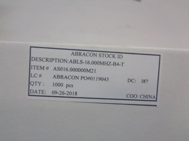 NEW ABRACON CRYSTAL 16.0000MHZ 18PF SMD 1000PC. ABLS-16.000MHZ-B4-T R4
