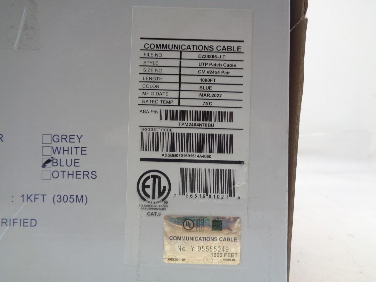 ELITE CAT6 STRANDED CM 24AWG UTP 550MHz 1000' BULK NETWORKING CABLE TPM2404N70BU