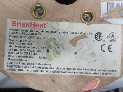 BRISK HEAT SLCBL8240BP 240V 40A 1000FT SELF REGULATING HEATER CABLE NEW H2