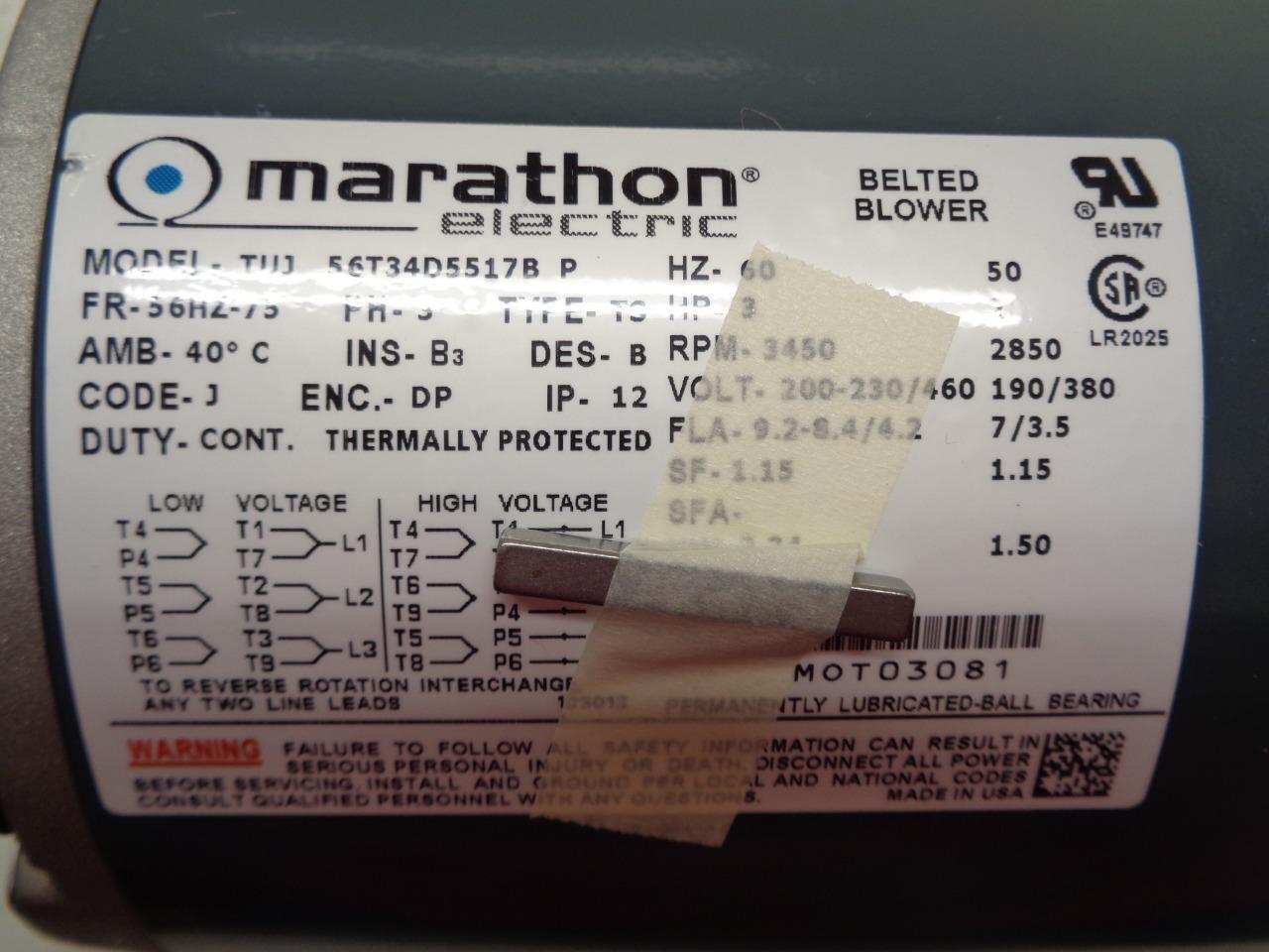 MARATHON ELECTRIC BELTED BLOWER TUJ 56T34D5517B 3HP 200-230/460V NEW I2