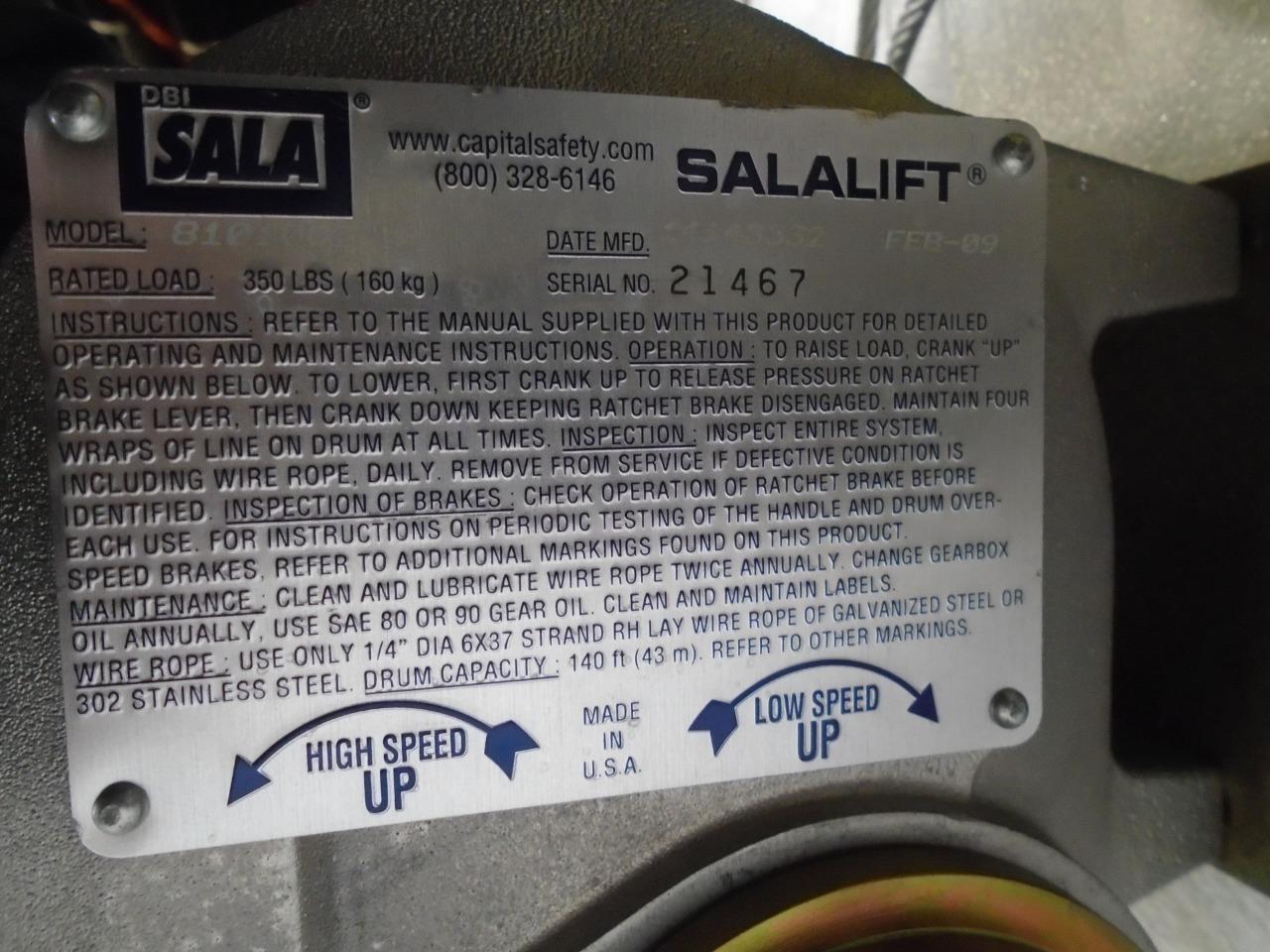 DBI-SALA SALALIFT WINCH 60'x1/4" STAINLESS STEEL ROPE 8101002 NEW H2