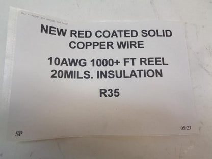 NEW RED COATED SOLID COPPER WIRE 10AWG 1000+ FT REEL 20MILS. INSULATION R35