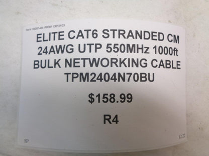 ELITE CAT6 STRANDED CM 24AWG UTP 550MHz 1000' BULK NETWORKING CABLE TPM2404N70BU