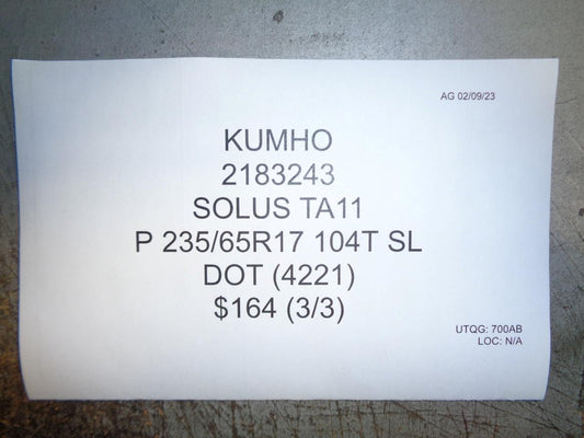 1 KUMHO SOLUS TA11 P 235 65 17 104T SL TIRE 2183243 BQ1