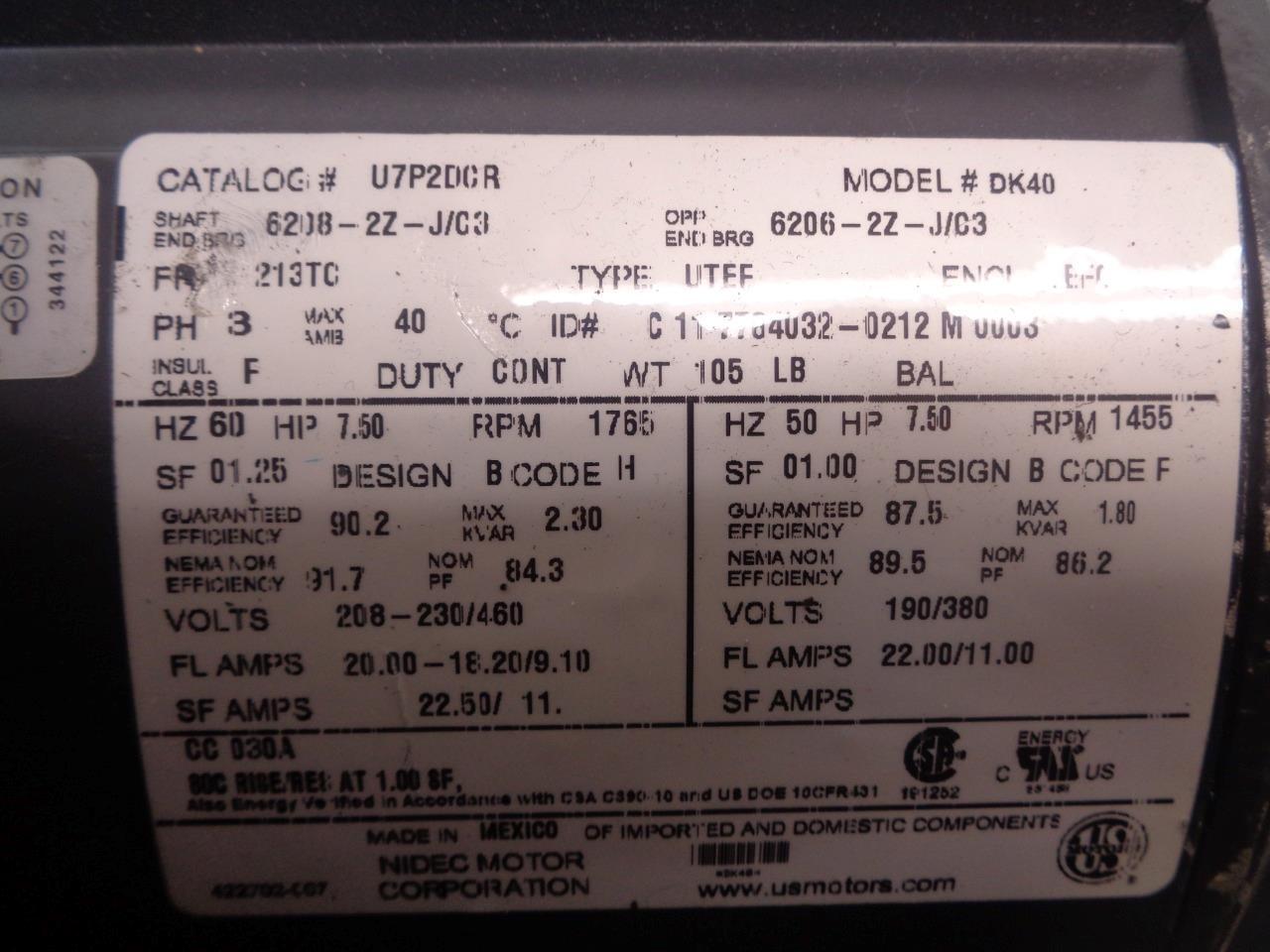 NEW US MOTORS U7P2DCR DK40 7.5HP 1800RPM 213TC C-FACE MOTOR BSRG5