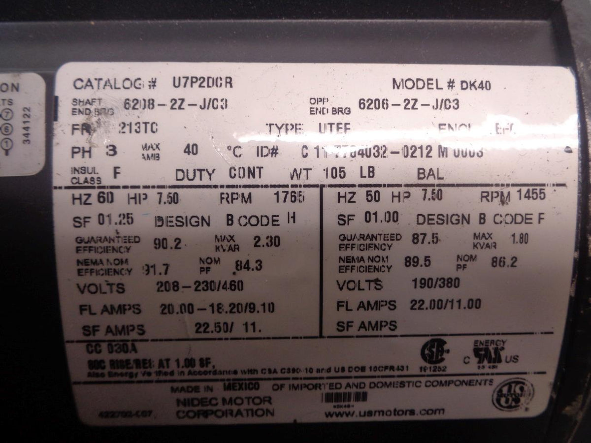 NEW US MOTORS U7P2DCR DK40 7.5HP 1800RPM 213TC C-FACE MOTOR BSRG5