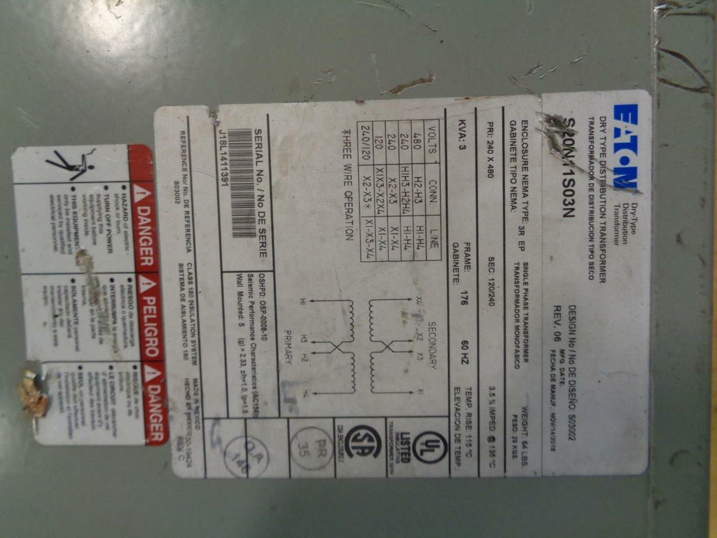 Eaton Cutler Hammer S20N11S03N  Phase 1 3000VA Class H Transformer NEW BSRG2