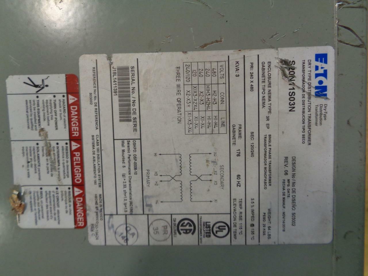 Eaton Cutler Hammer S20N11S03N  Phase 1 3000VA Class H Transformer NEW BSRG2