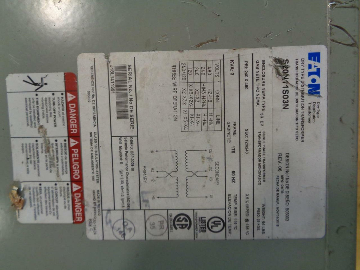 Eaton Cutler Hammer S20N11S03N  Phase 1 3000VA Class H Transformer NEW BSRG2