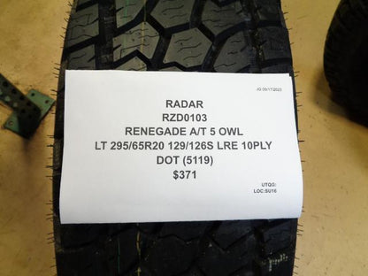 2 RADAR RENEGADE A/T 5 OWL LT 295 65 20 129/126S LRE 10PLY TIRES RZD0103 BQ3