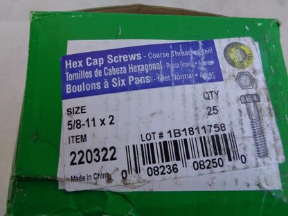 NEW PACK OF 25 HILLMAN HEX CAP SCREWS 5/8-11 X 2 220322 R22T2