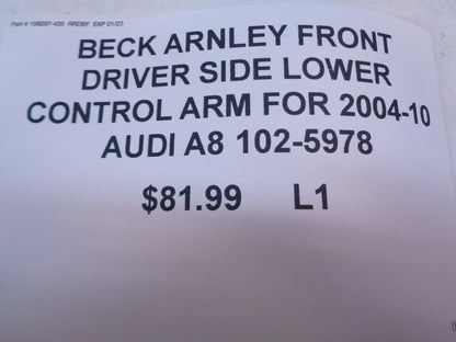 BECK ARNLEY FRONT DRIVER LOWER CONTROL ARM FOR 2004-10 AUDI A8 102-5978 L1
