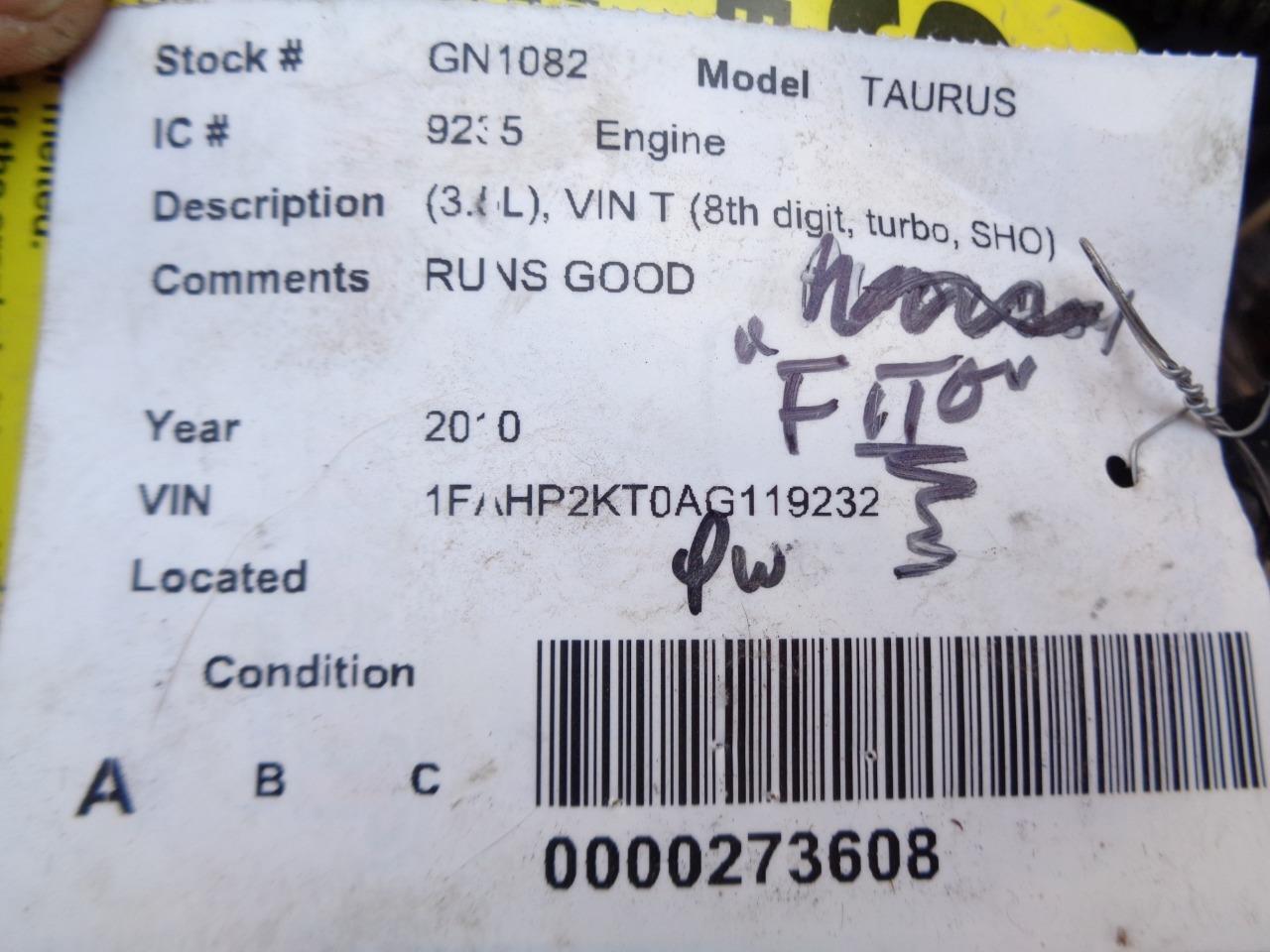 GENUINE 2010-11 FORD TAURUS SHO 3.5L TURBO ENGINE ASSEMBLY AU7Z6006ARM BAY3