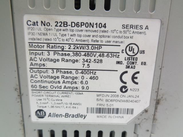 ALLEN BRADLEY 22B-D6P0N104 POWERFLEX 40 SERIES A AC DRIVE NEW R5