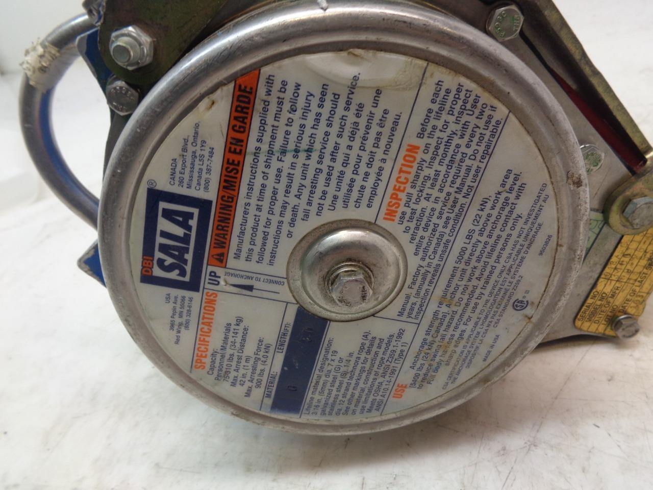 DBI-SALA RETRACTING LIFELINE W/ MOUNTING BRACKET 50ft 310lbs MAX 3400115 USED H1