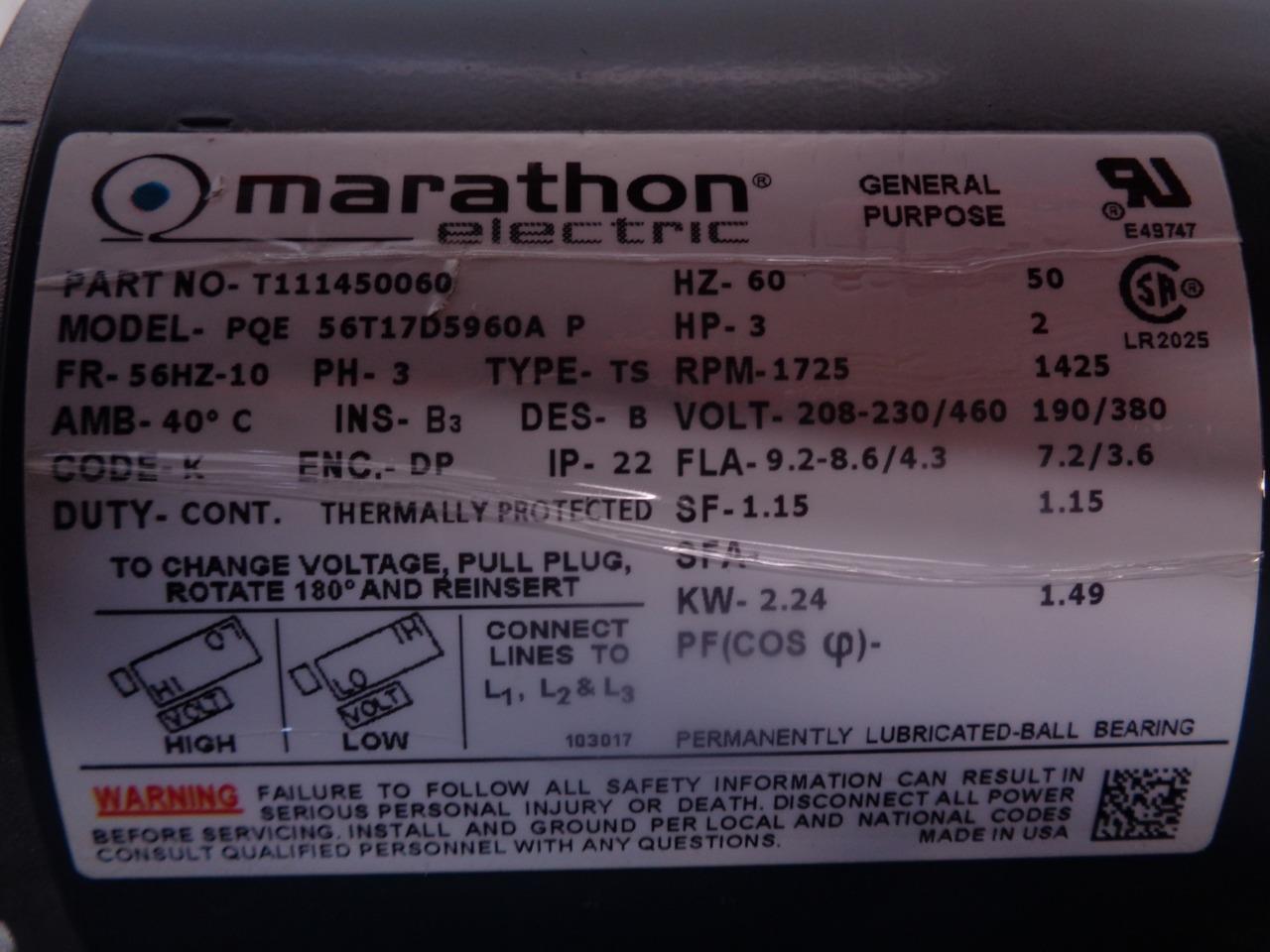 MARATHON ELECTRIC 56T17D5960A CONDENSER FAN MOTOR T111450060 NEW H1