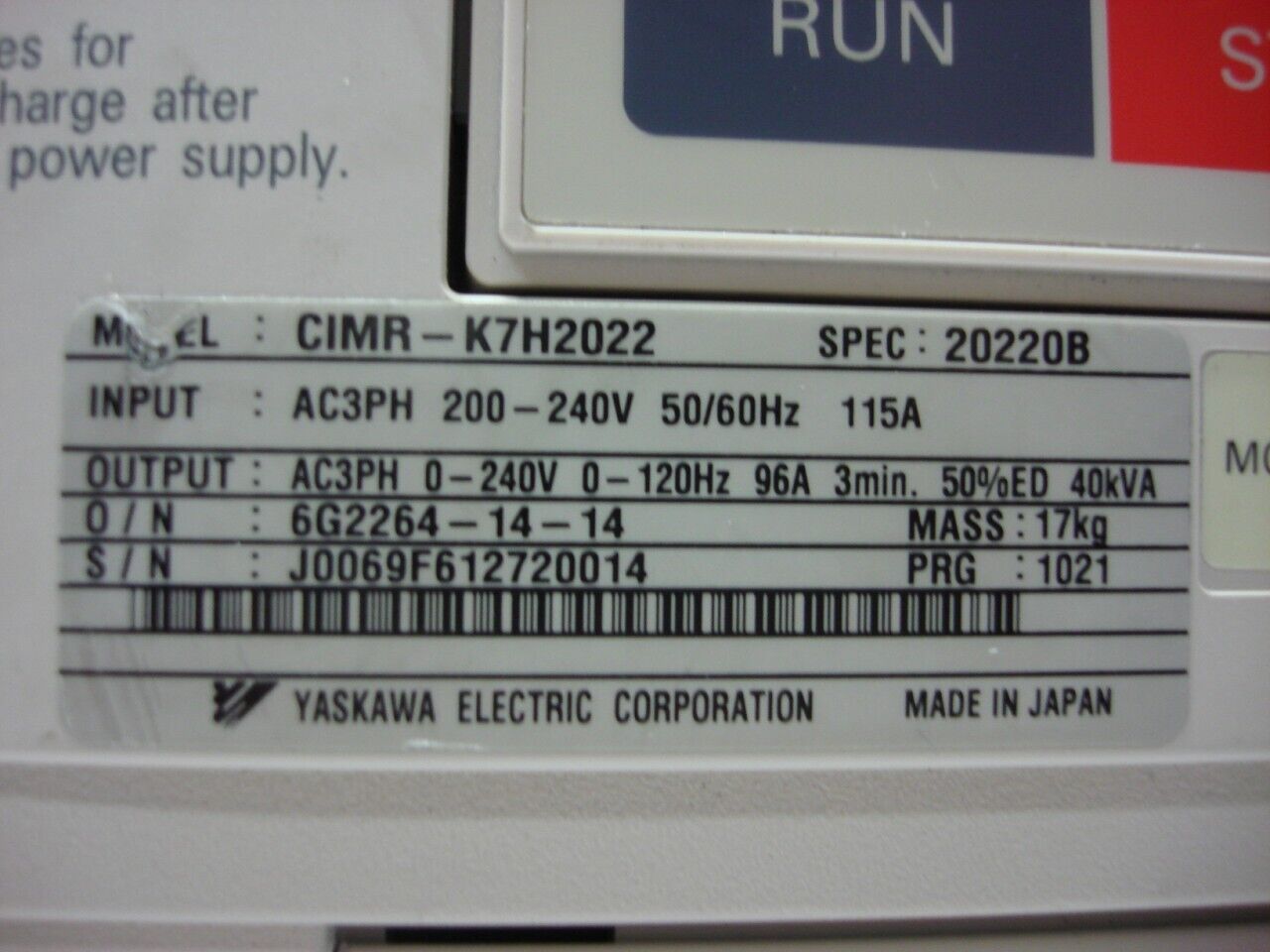 NEW YASKAWA INVERTER MOTOR SPEED CONTROLLER FREQUENCY DRIVE CIMR-K7H2022 R29