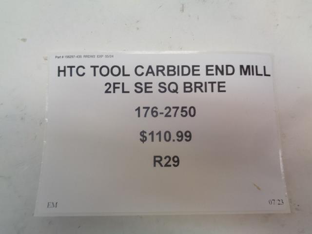 HTC TOOL CARBIDE END MILL 2FL SE SQ BRITE 176-2750 R29
