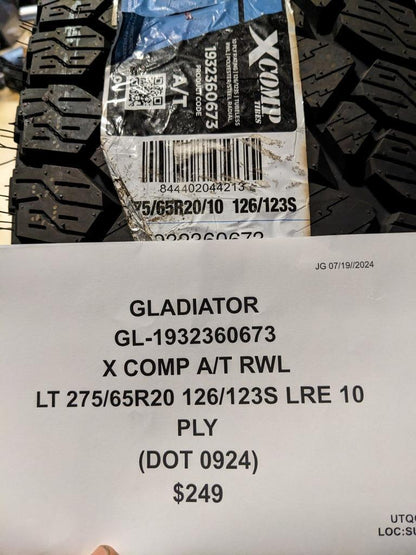 GLADIATOR X COMP A/T RWL LT 275 65 20 126/123S LRE 10PLY TIRE 1932360673 CQ3