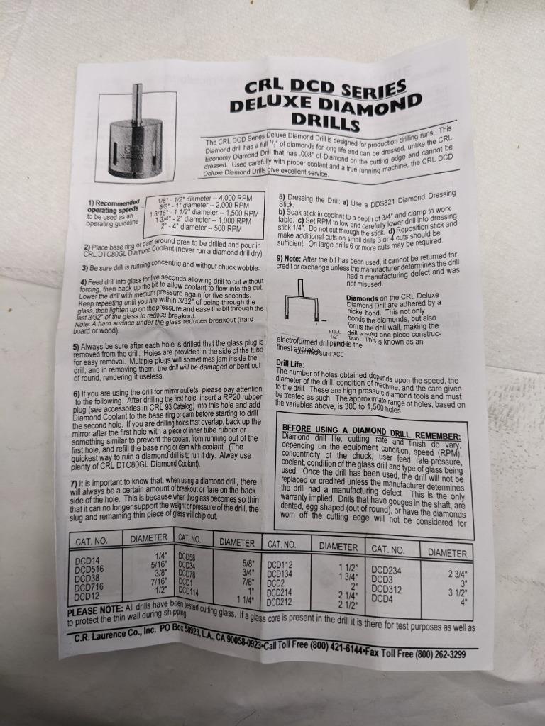 CRL DCD58 331747 5/8" DCD SERIES ELECTRO-FORMED DIAMOND DRILL NEW D0
