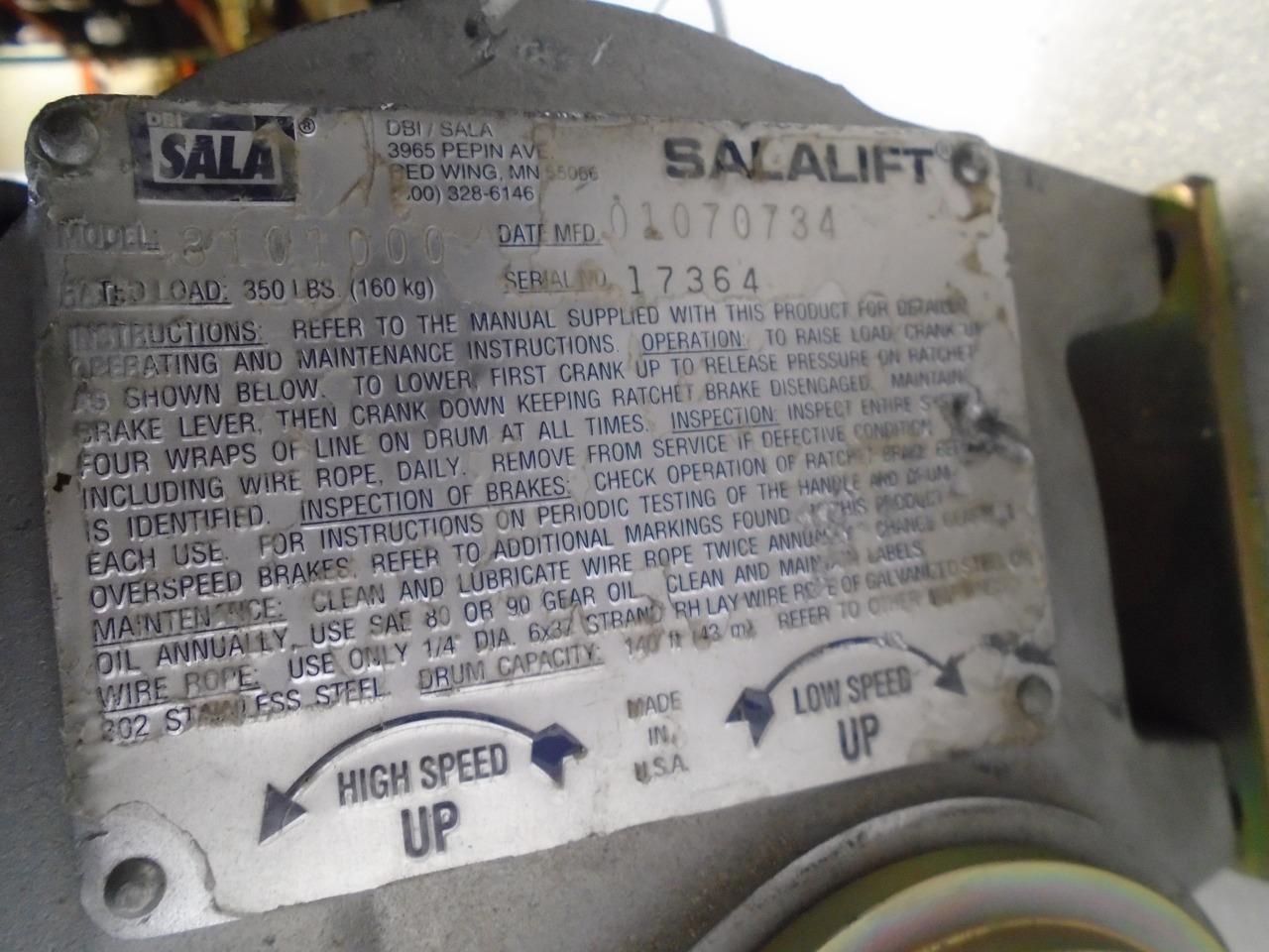 DBI-SALA SALALIFT WINCH 60'x1/4" STAINLESS STEEL ROPE 8101000 USED H2