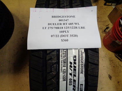 BRIDGESTONE DUELER HT 685 WL LT 275 70 18 125/122R LRE 10PLY HIGHWAY TIRE 001347
