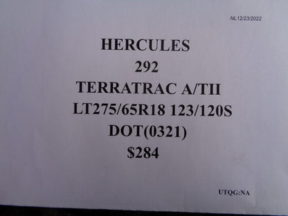 1 HERCULES TERRA TRAC A/TII LT 275 65 18 123/120S TIRE 09282 SU7