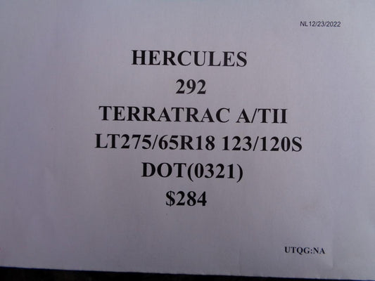 1 HERCULES TERRA TRAC A/TII LT 275 65 18 123/120S TIRE 09282 SU7