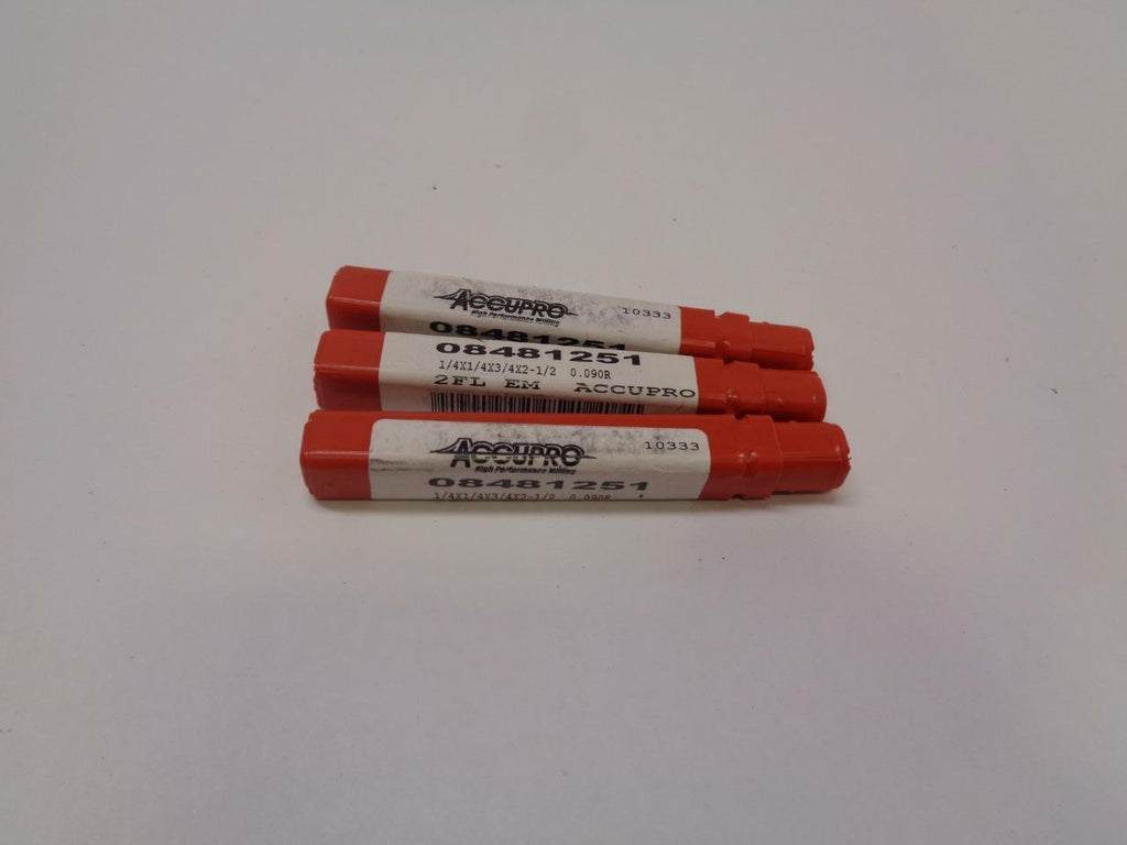3PK ACCUPRO SOLID CARBIDE 1/4" X 1/4" X 3/4" X 2-1/2" 0.090R 2 FLUTE 08481251