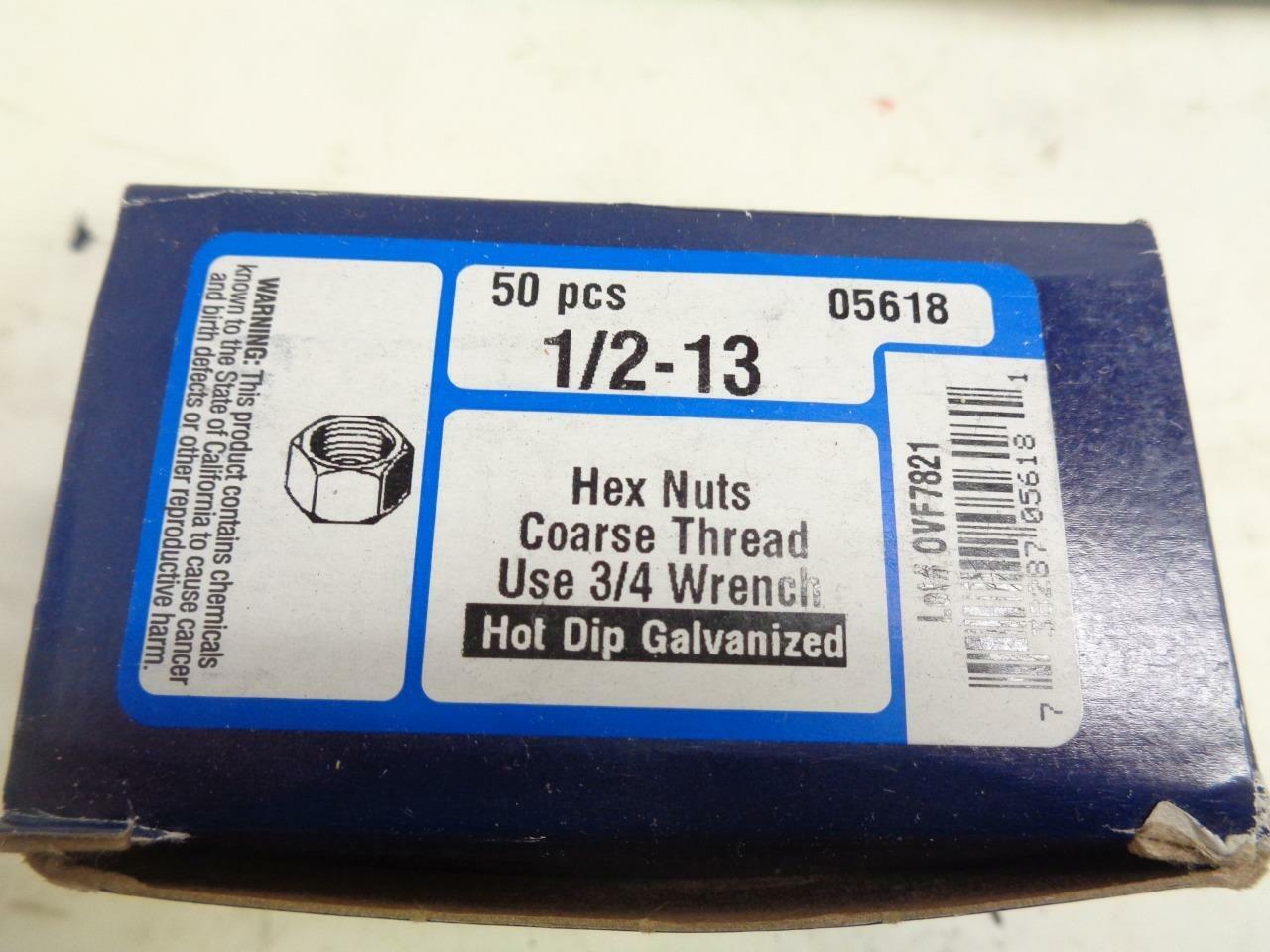 NEW PACK 5 BOXES OF 50 COUNT MIDWEST 05618 HEX NUTS 1/2-13, GALVANIZED R10TB