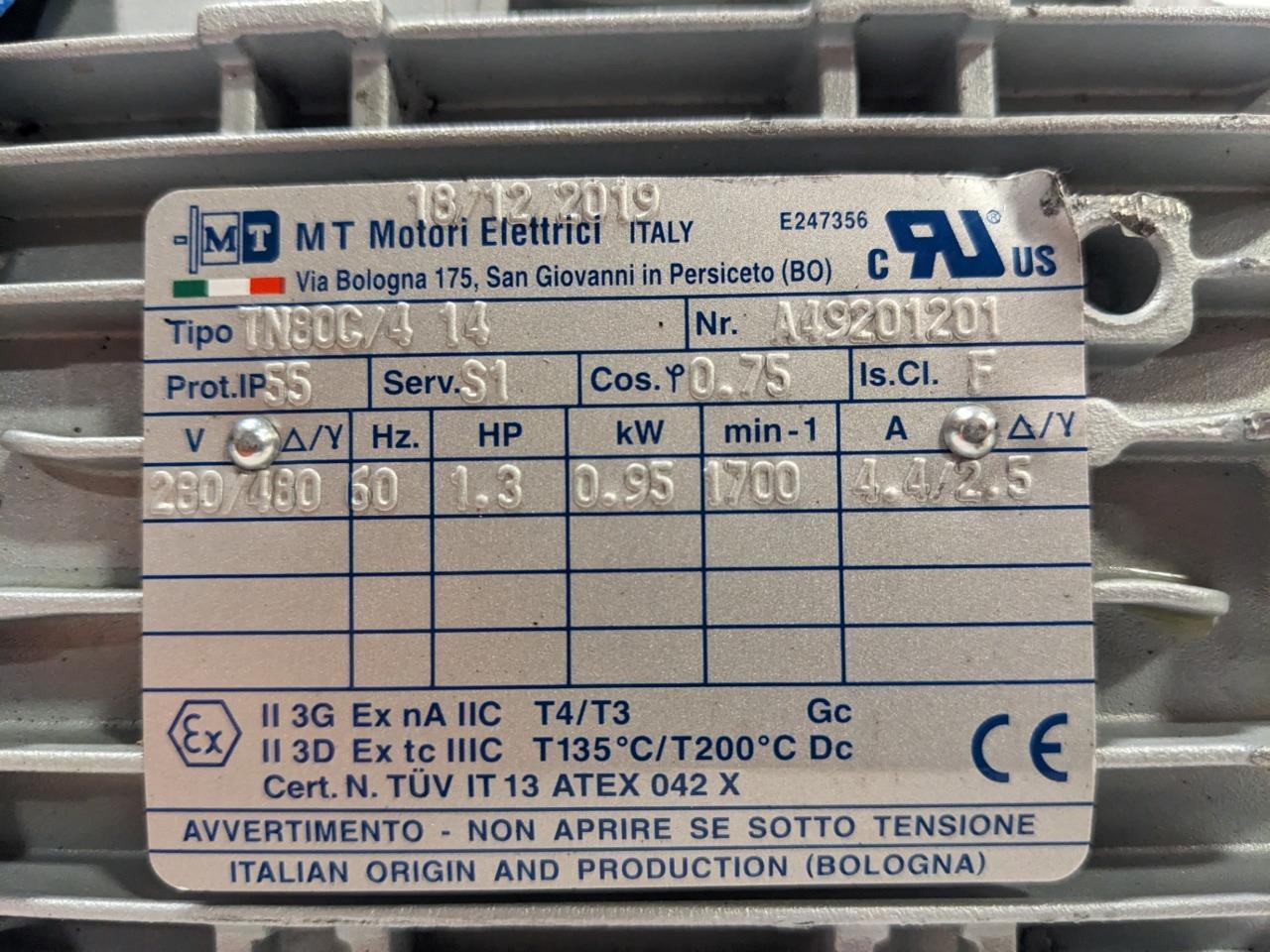 Mt Motori Elettrici Electric Motor 280-480V 60Hz 1.3HP 1700 RPM 4.4/2.5 A BSIG1