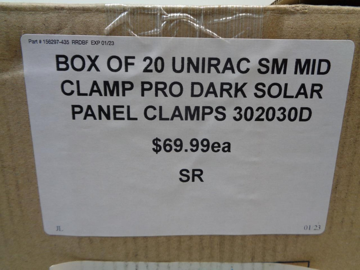 BOX OF 20 UNIRAC SM MID CLAMP PRO DARK SOLAR PANEL CLAMPS 302030D SR