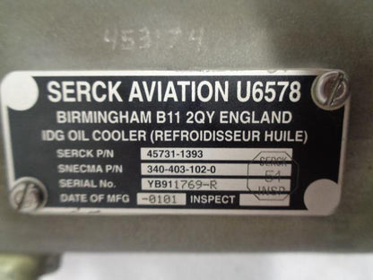SERCK AVIATION U6578 IDG OIL COOLER 4571-1393 NEW R11