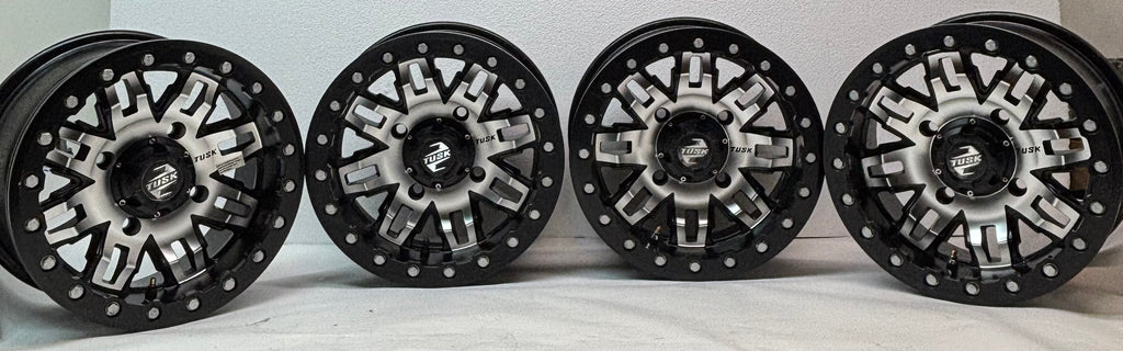 4 TUSK TETON BEADLOCK ATV UTV MACHINED/BLACK WHEELS 14X7 4/139.7 ET+5