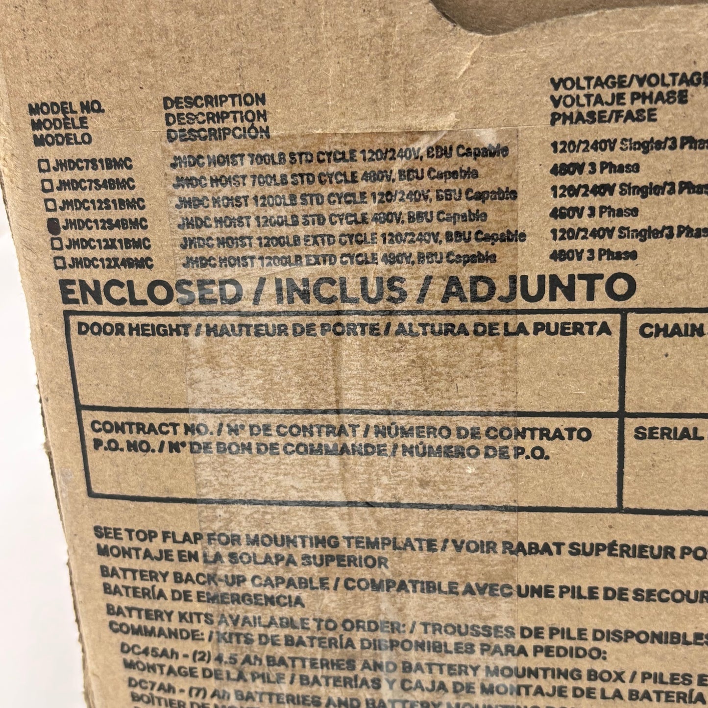 LIFTMASTER JHDC12S4BMC MAXUM HOIST OPERATOR MED DUTY 480VAC 3PH CHAIN SIZE 50