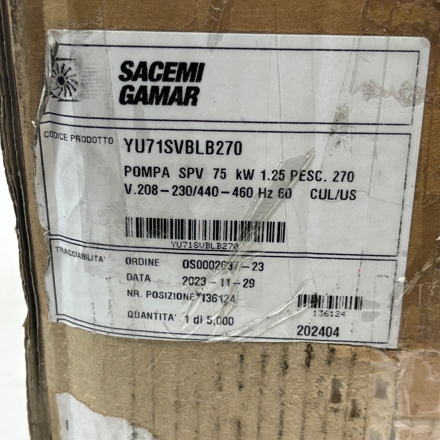 SACEMI GAMAR SPV 75 1.25 KW 60 HZ YU71SVBLB270 IP55