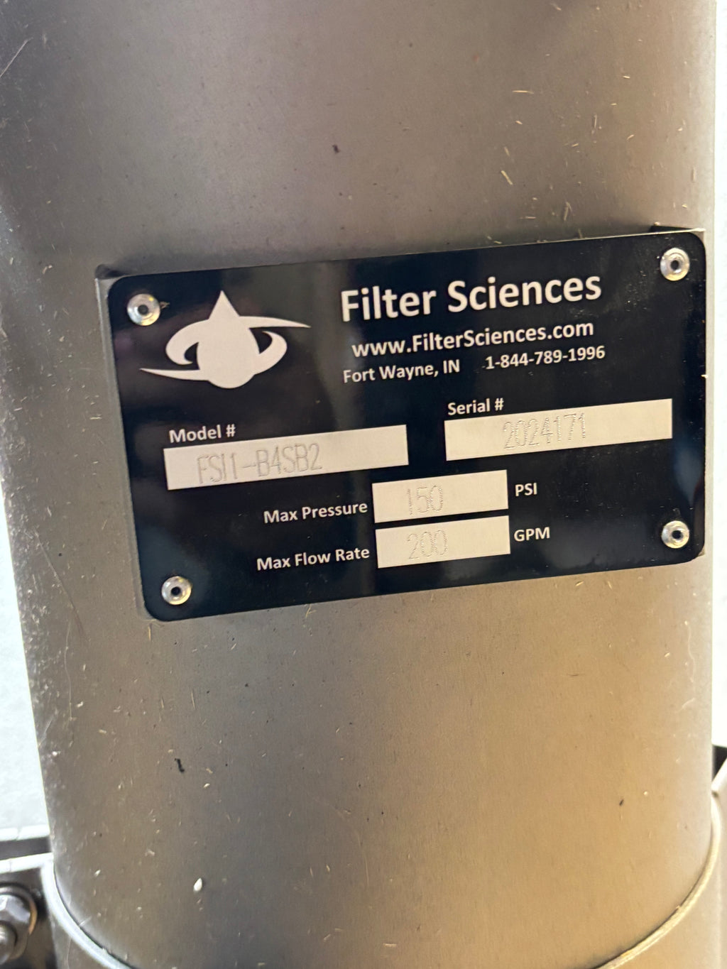 FILTER SCIENCE SINGLE BAG #2 FILTER HOUSING 150 PSI 200 GPM FSII-B4SB2