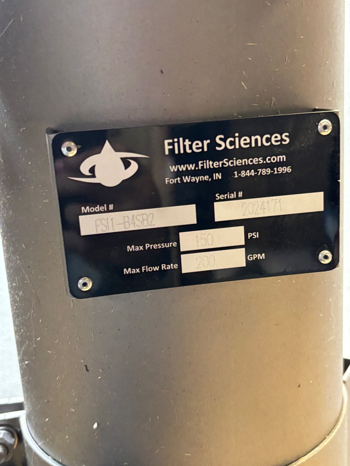 FILTER SCIENCE SINGLE BAG #2 FILTER HOUSING 150 PSI 200 GPM FSII-B4SB2