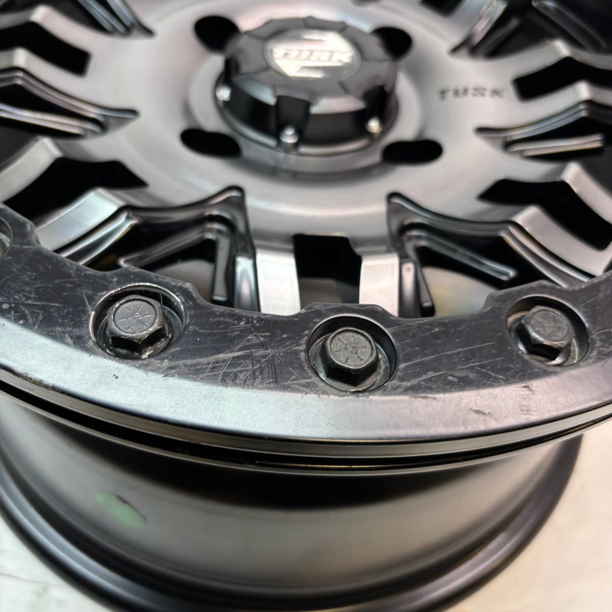 2 TUSK TETON BEADLOCK ATV UTV GUN METAL/BLACK WHEELS 14X7 4/114.3 ET+30
