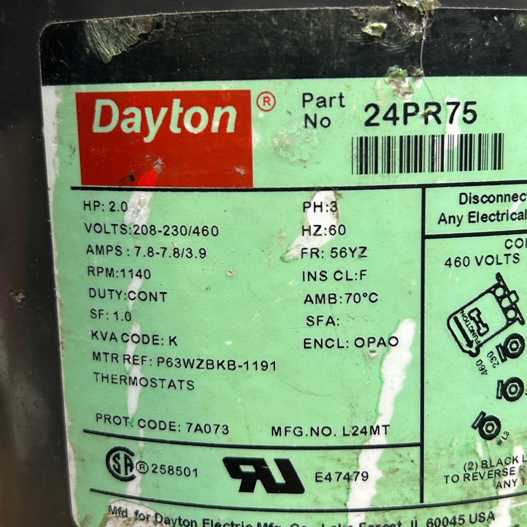 DAYTON CONDENSER FAN MOTOR 2 HP 1SPD  60 Hz 3PHASE  24PR75