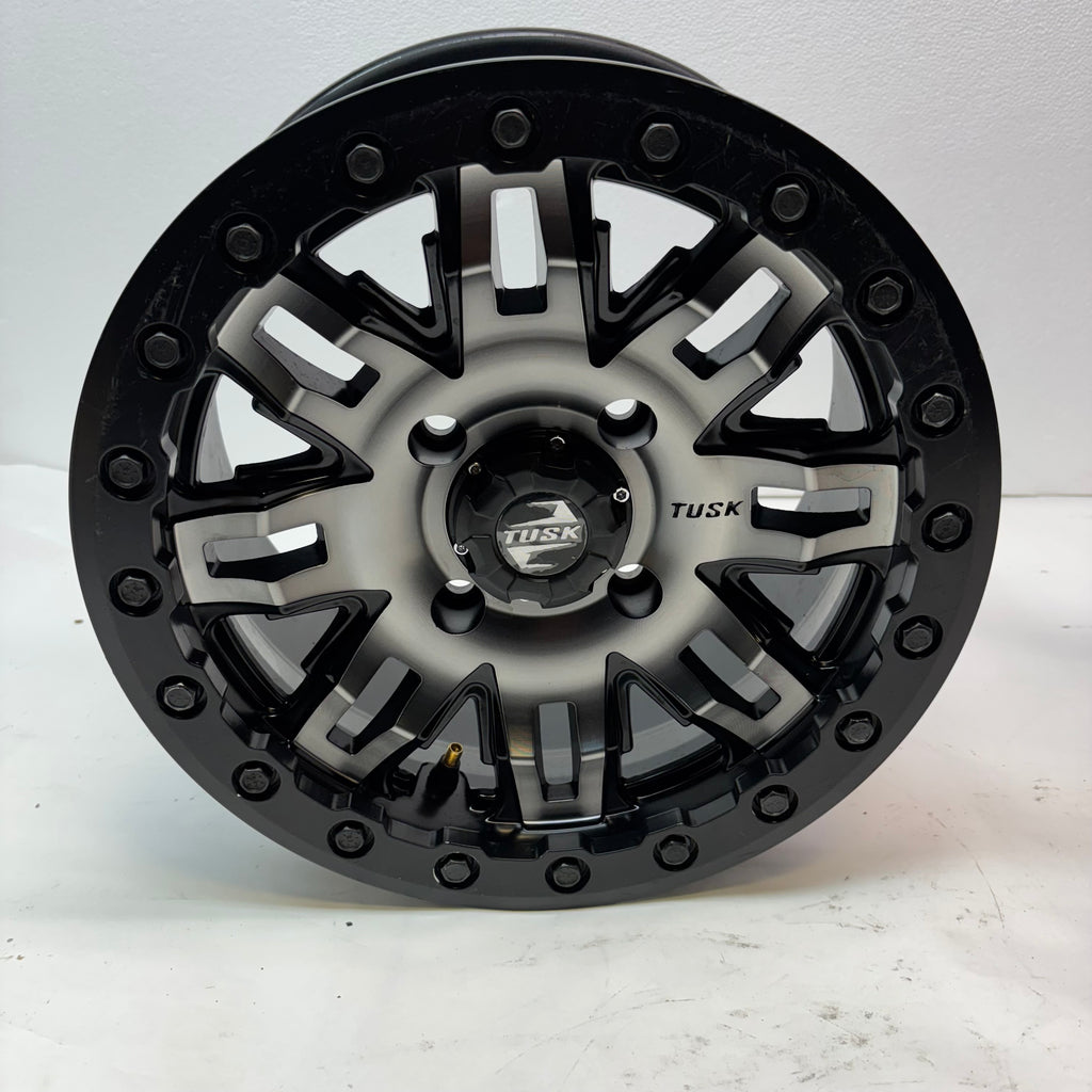2 TUSK TETON BEADLOCK ATV UTV GUN METAL/BLACK WHEELS 14X7 4/114.3 ET+30