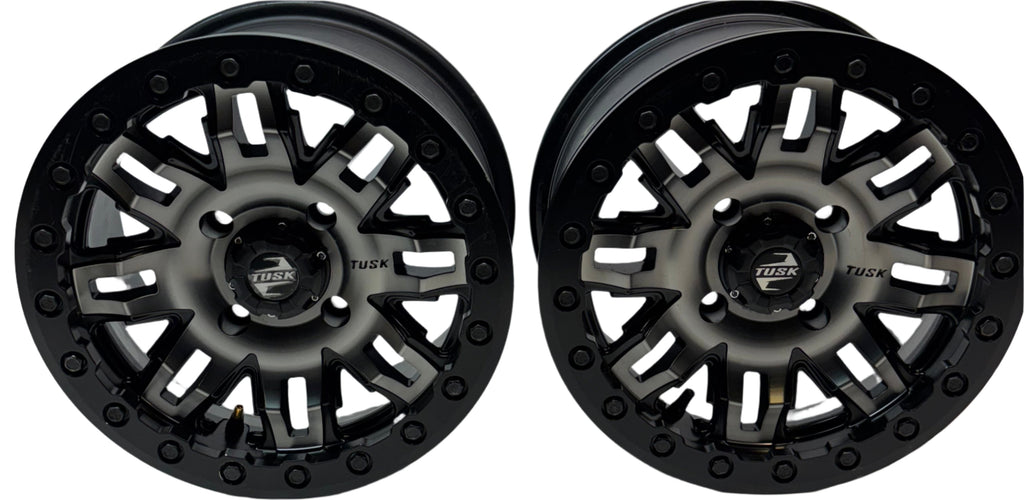 2 TUSK TETON BEADLOCK ATV UTV GUN METAL/BLACK WHEELS 14X7 4/114.3 ET+30