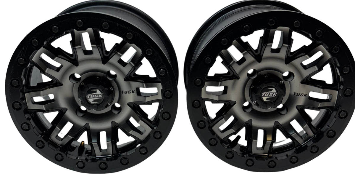 2 TUSK TETON BEADLOCK ATV UTV GUN METAL/BLACK WHEELS 14X7 4/114.3 ET+30