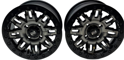 2 TUSK TETON BEADLOCK ATV UTV GUN METAL/BLACK WHEELS 14X7 4/114.3 ET+30