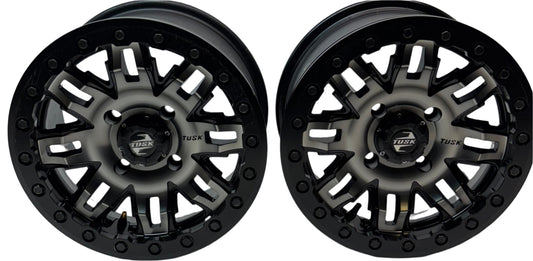 2 TUSK TETON BEADLOCK ATV UTV GUN METAL/BLACK WHEELS 14X7 4/114.3 ET+30