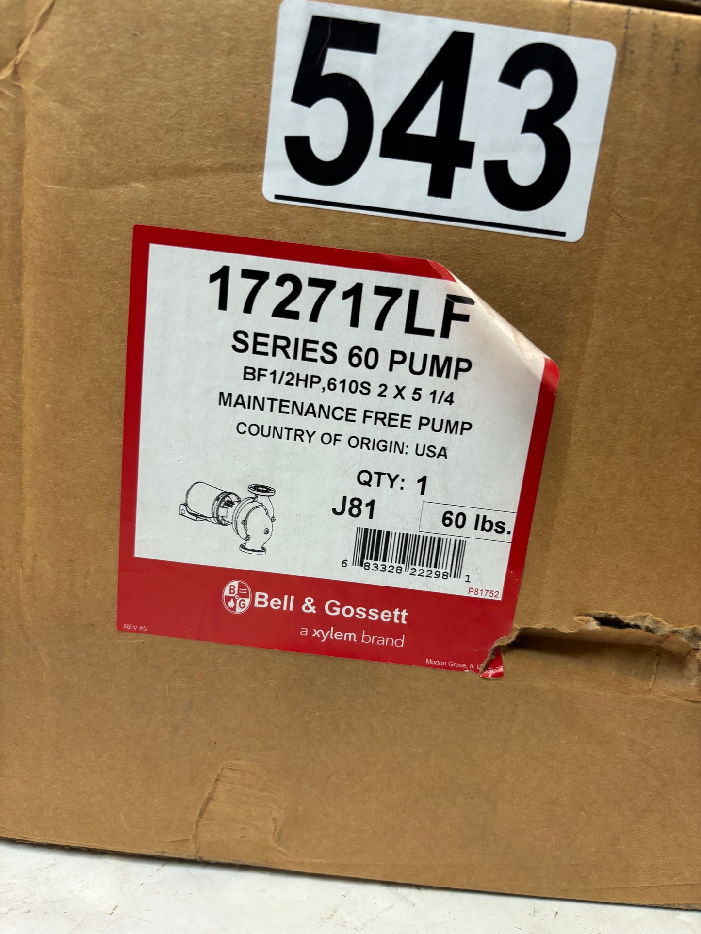 BELL AND GOSSETT SERIES 60 PUMP 610S 1/2HP 610S 2X5-1/4 MAINTANACE FREE PUMP 172717LF